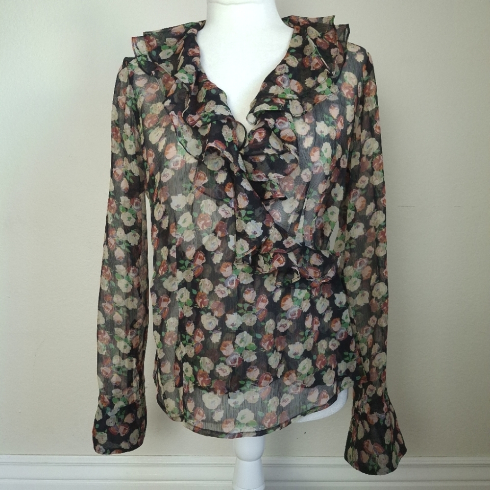 Ralph Lauren Sheer Floral Ruffled Longsleeve Wrap Blouse in Fall Colors